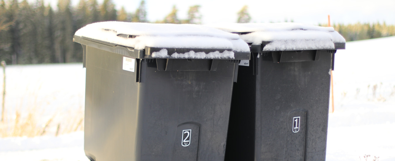 Två mörkgråa avfallskärl i vinterlandskap.