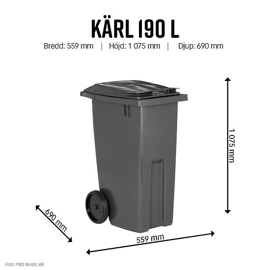 Grått avfallskärl, 190 liter.
