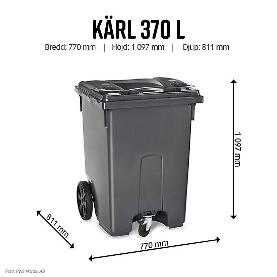 Grått avfallskärl, 370 liter.