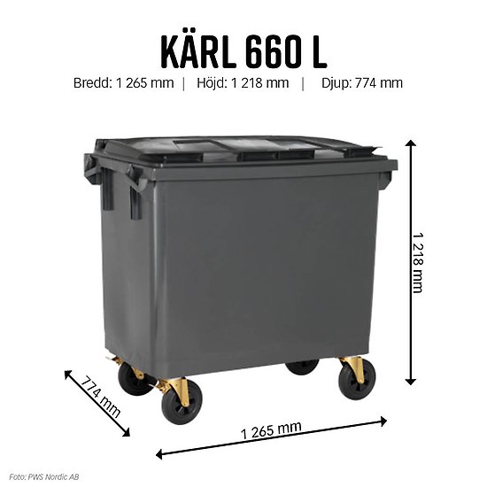 Grått avfallskärl, 660 liter.