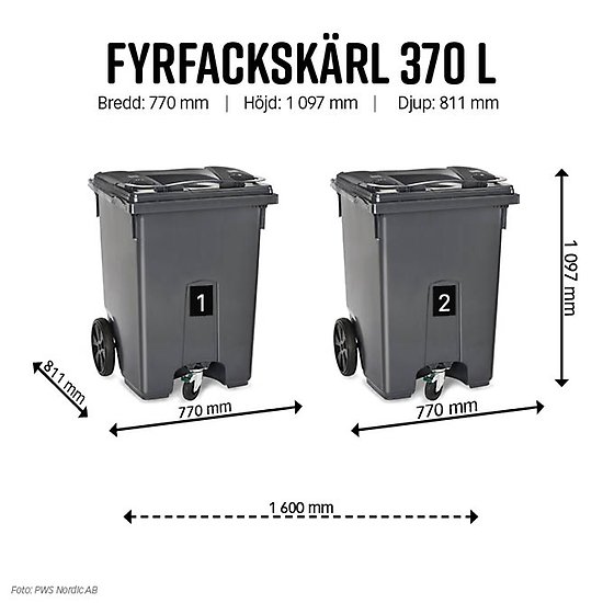 Två gråa avfallskärl, uppdelade i fyra fack var, 370 liter.
