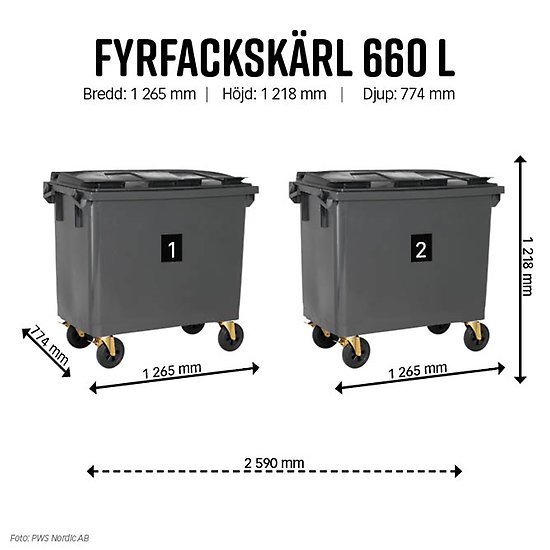 Två gråa avfallskärl, uppdelade i fyra fack var, 660 liter.