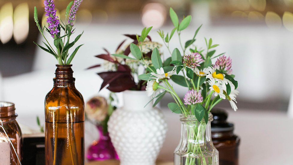 Flera blomvaser i olika färg och form med vackra små blomsterarrangemang i varje vas.